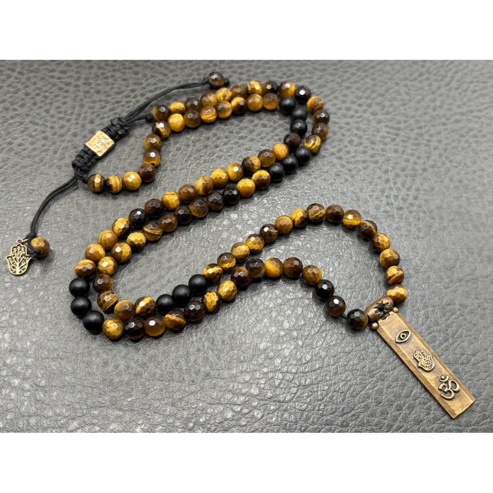 Karma and Luck Tiger's Eye Beaded Necklace Hamsa Om Evil Eye Charm Bronze 25"